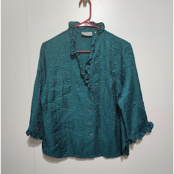 Drapers & Damons Top Women PM Petite Green Blouse Ruffled Buttons Crinkle - Picture 1 of 9